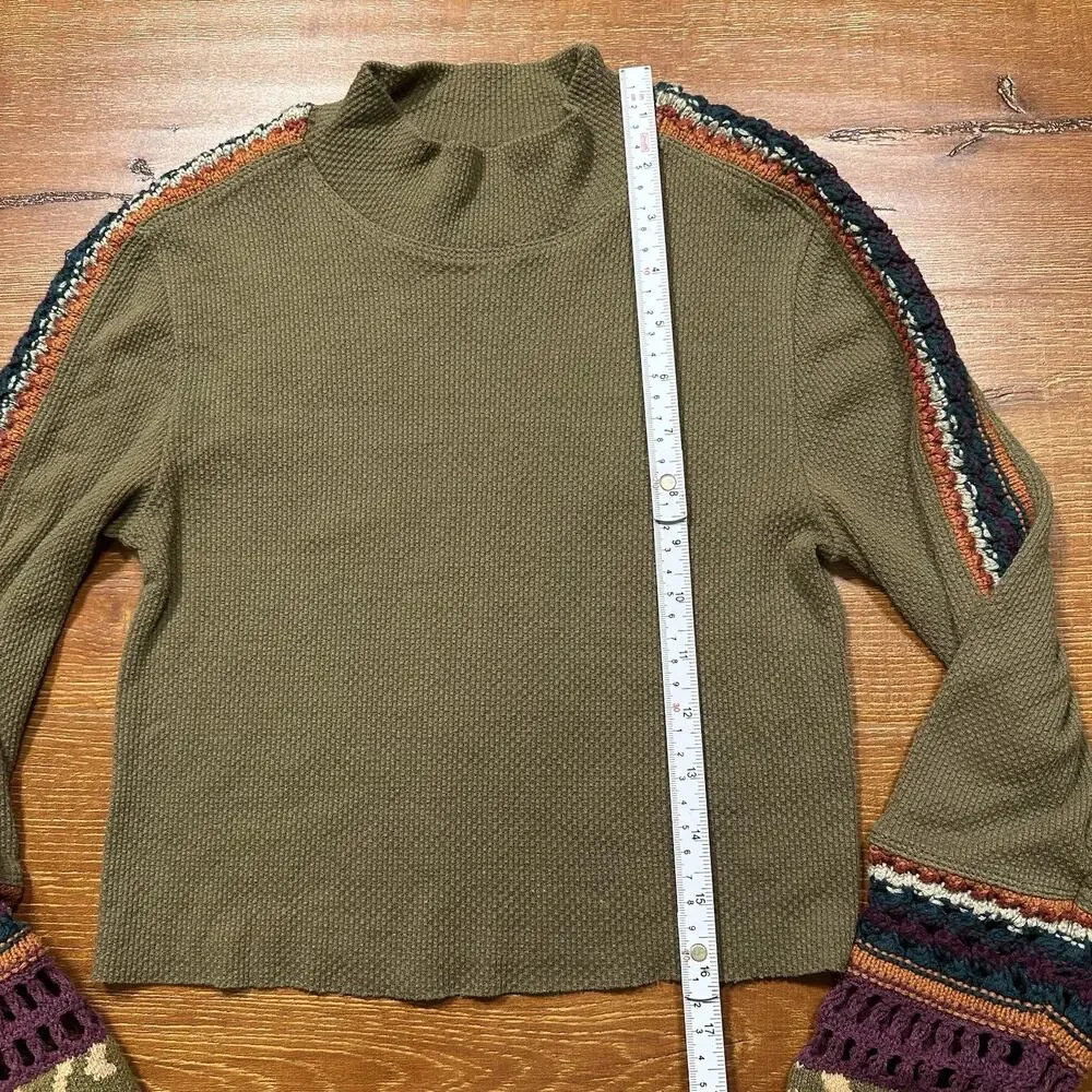 Free People Crop Thermal Shirt Womens S Green Long Sleeve Embroidered Crochet